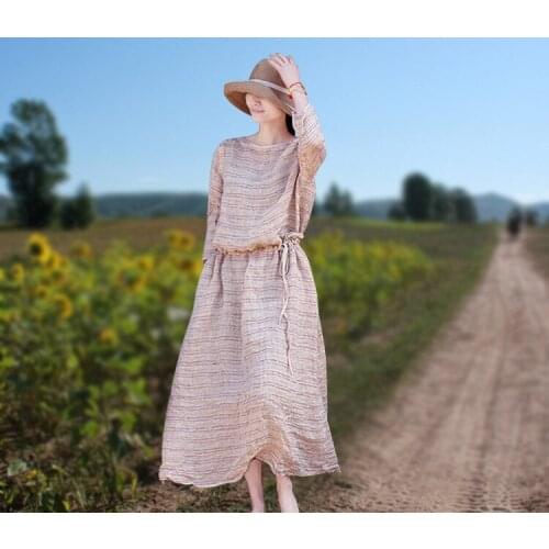 CHKESummer 2020 pure flax flower red and yellow thread striped round neck lace waist loose tunic dress