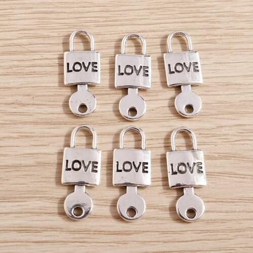 20pcs 10*24mm Alloy Silver Color Love Charms Pendants Fit Necklaces Bracelets DIY Making Lock Key Charms Jewelry Handmade Craft