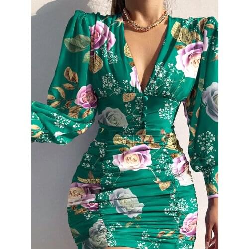 Sheinset Y2K Sexy Puff Lantern Sleeve Plunge Print Ruched Bodycon Mini Vestidos De Fiesta Club Party Floral Dress