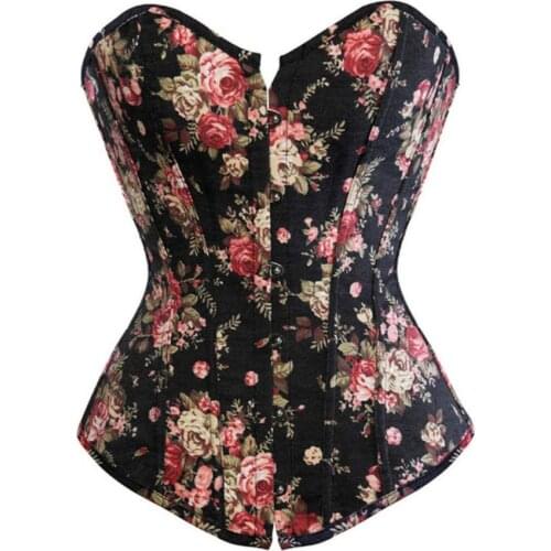 Sexy Women Lace Up Bustie Corsets Tops Vintage Floral Denim Overbust Corset Female Slimming Clothing Plus Size