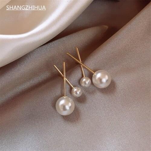 SHANGZHIHUA 2021 Korean classic forked pearl earrings luxury earrings for women exquisite girls unusual jewelry gift accessories