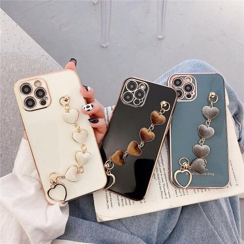 3D Luxury Love heart plush bracelet Shiny plating silicone Phone Case For iPhone 8 Plus X XR XS 12 11Pro Max fashion girl cover