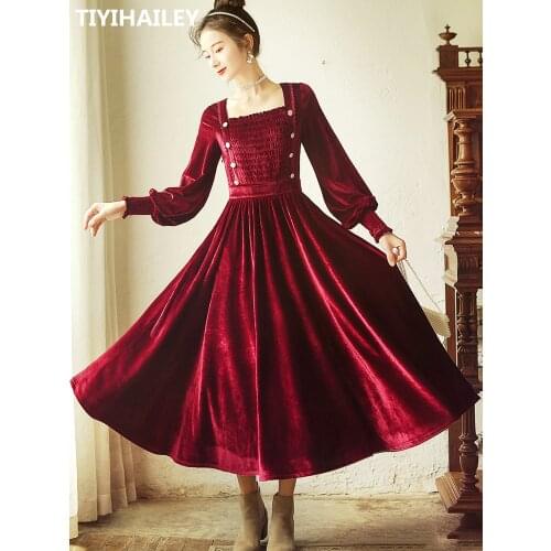 TIYIHAILEY Free Shipping 2020 Boshow Women Vintage Royal Long Sleeve Mid-calf Velvet Red Dress With Big Hem Spring Autumn S-L