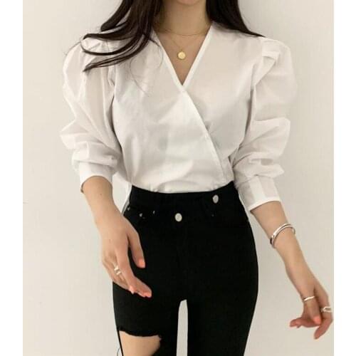 New 2020 Women Autumn Winter Blouse Shirts V-Neck Cross Buttons Puff Sleeve Vintage Elegant Korean Lady Spring Tops CL804