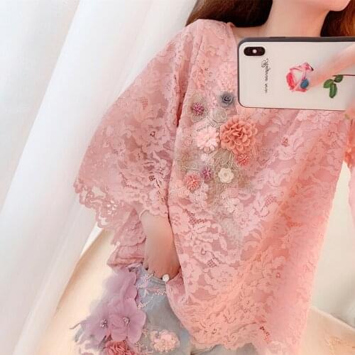 Summer Womens European Station Palace French Trumpet Sleeve Flowers Loose Lace Chiffon Shirt