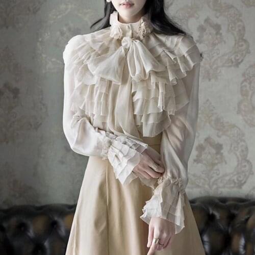 Female Perspective Tops Bowknot Flare Long Sleeve Ruffle Shirt Blouse Women Korean Fashion Clothes Spring