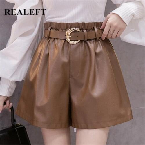 REALEFT 2021 Autumn Winter PU Leather Womens Shorts With Belt Stylish High Waist Pockets Casual Wide Legged Trousers Female