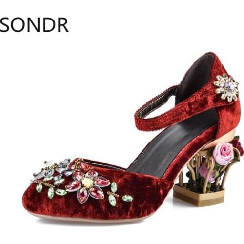 US4-11 Womens Sheepskin Leather Pointed Toe Flowers Rhinestones Crystal Bird Cage Heel Ankle Buckle Pumps Shoes Plus Size C405