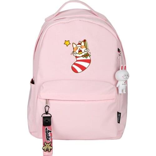 Christmas Corgi Women Back Pack Kawaii Dog School Bags Pink Bookbag Cartoon Travel Backpack Nylon Shoulder Bags Corgi Rugzak