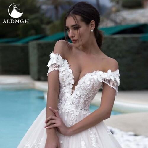 Aedmgh A-Line Beach Wedding Dresses 2021 V- Neck Tassel Off The Shoulder Robe De Mariage 3D Flowers Appliques Bridal Gowns