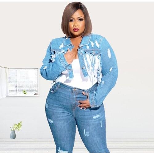 ZJFZML ZZ Women Clothing Denim Coat Plus Size Turn Down Collar Long Sleeve Tassels Spliced Crop Jacket Dropshipping Wholesale