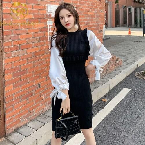 2020 New Spring and Autumn Slim Temperament Lotus leaf edge Black and white Splicing Bishop sleeve Frenulum Dress