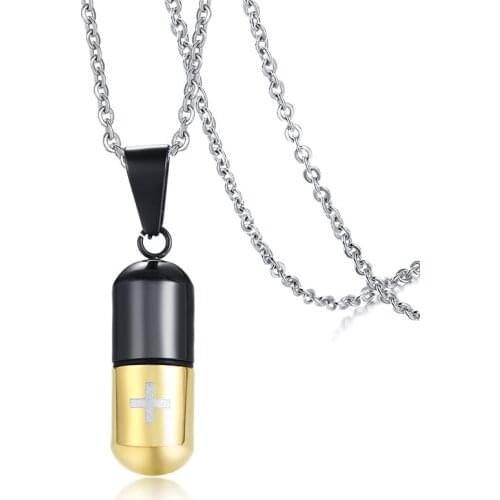 2021 Trendy Jewelry Stainless Steel Metal Pill Perfume Bottle Pendant Laser Cross Simple Necklace Suitable For Women And Men