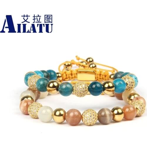 Ailatu Couples Beaded Luxury Gold Color Macrame Bracelets with 8mm Natural Blue Apatite & Sun Stone Moonstone Beads Top Quality