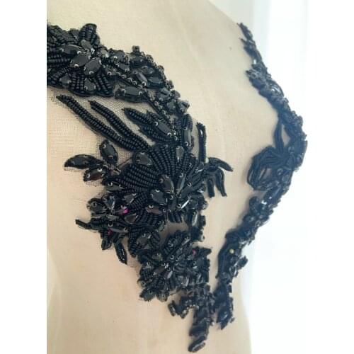 Black Deluxe Bead Florals Applique For Haute Couture Rhinestone Applique For Couture Costum Bridal Dress