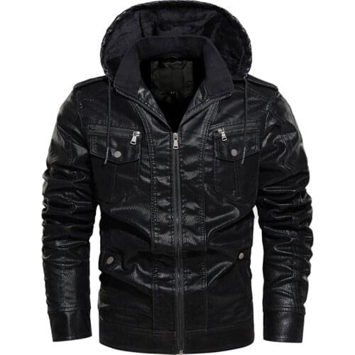 ERENEJIAN Mens Fashion Faux Leather Biker Jacket With Removable Hood Fleece Lined Thick Warm Motorcycle Coats Outerwear Tops