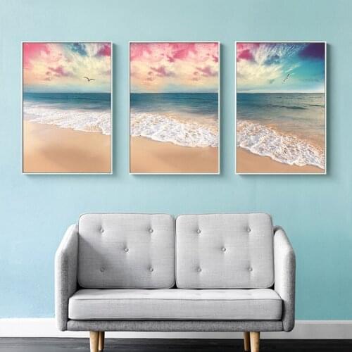 Pink Sky Sea Beach Art Paintings Modern Natural Seascape Pictures Canvas Prints Waves Poster for Living Room Bedroom Wall Decor
