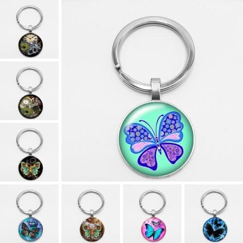 Handmade Classic Round Alloy Glass Creative Chaveiro Mechanical Cute Butterfly Key Chain Womens Jewelry Bag Charm