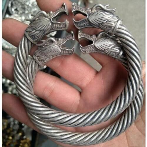Collection A Pair Chinese Miao Silver Carving Zodiac Animal Dragon Bangle Bracelet Exquisite Small Bracelet Statues