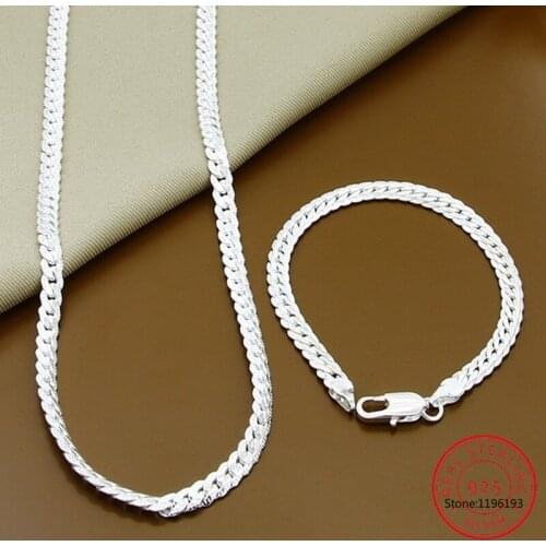 2 Piece 6MM Full Sideways 925 Sterling Silver Necklace Bracelet Fine Jewelry For Women Men Link Chain Sets joyas Wedding Gift