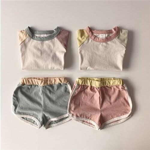 Korean-Cute Color Round Neck Shorts 2 Piece Sets Sports Suit for Boys and Girls Girl Clothes Boy Clothes