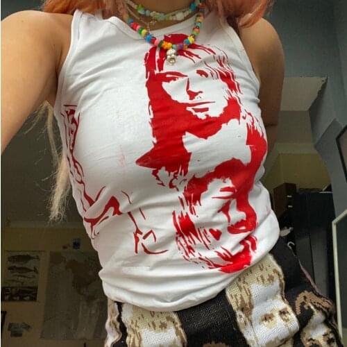 Women Summer Fashion Tank Tops Ladies Girls Portrait Print O-Neck Sleeveless Form-Fitting Crop Tops Tanks Camis Clubwear