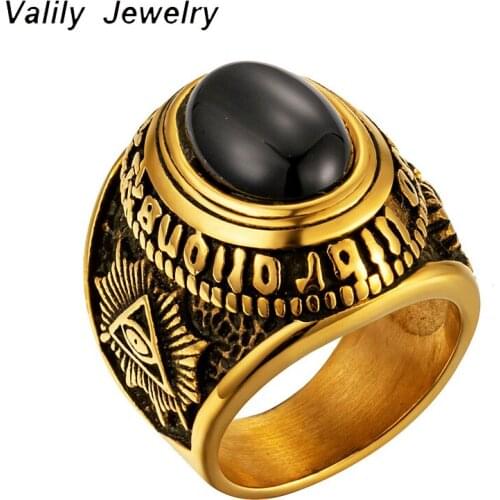 Valily fashion religious Stainless steel Cool Unique satan goat Black Stone Ring Titanium Steel Retro Old Totem Jewelry For Man