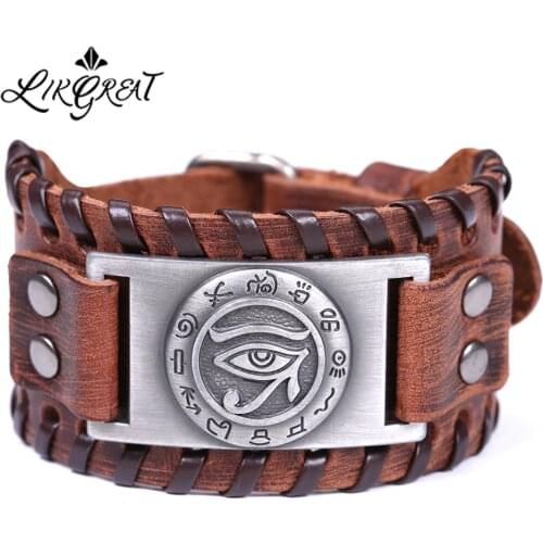 LIKGREAT Vintage Wide Leather Bracelets for Men Handmade Braided Metal Eye of Horus Charm Viking Bracelet Adjustable Strap