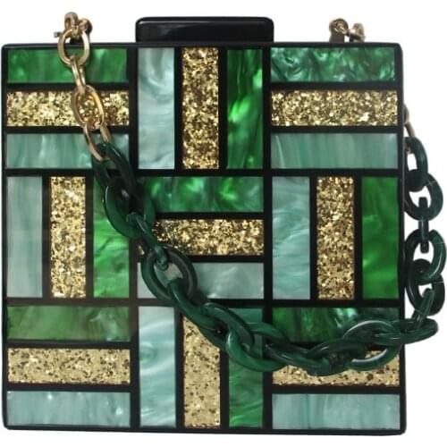 New Fashion Women Evening Bag Cute Green Gold Acrylic Chain Handbags Luxury Square Party Wedding Bags Casual Vintage Box Clutch