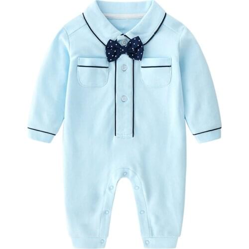 New childrens clothing autumn and winter boys boys baby light blue gentleman bow tie long-sleeved one-piece jumpsuit cotton