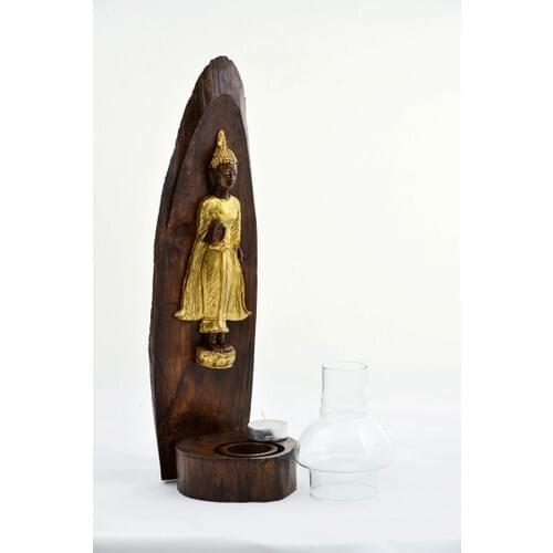 Gift Idea Made From Teak Wood Handmade Above Buddha Figural With Glass Candle Holder