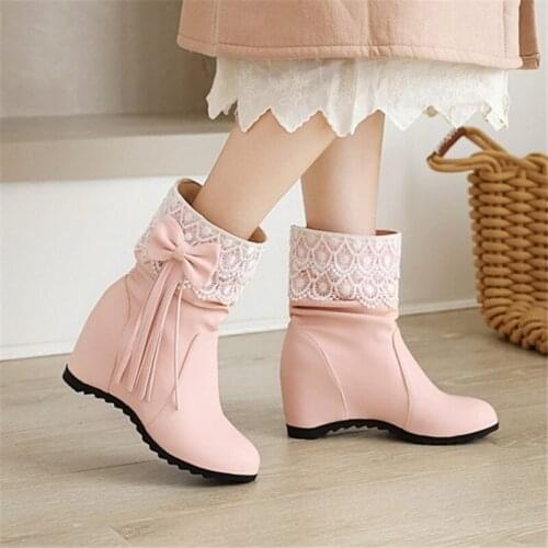 PXELENA Cute Lace Ruffles Tassel Ankle Boots Girls Hidden High Heels Bow knot Shoes Women Pink Black 2020 Autumn Plus Size 34-43