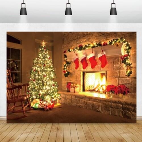 Christmas Background For Photography Fireplace Socks Gifts Glowing Tree Family Shoot Party Photozone Photo Backdrop Photo Studio