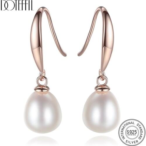 DOTEFFIL Drop Earrings 7MM Genuine Natural Freshwater Pearl 925 Sterling Silver Earrings Pearl Jewelry Women Wedding/Party Gift