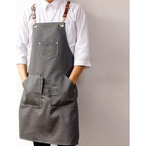 Gray Denim Apron Cowhide Leather Strap Barista Mixologist Pastry Chef Uniform Barber Hairdresser Florist Artist Work Wear K30