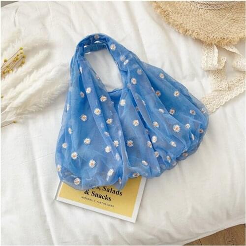 2020 New Original Design Fashion Mesh Handbag Shopping Bag Fresh Daisy Embroidered Shoulder Bag Large Capacity