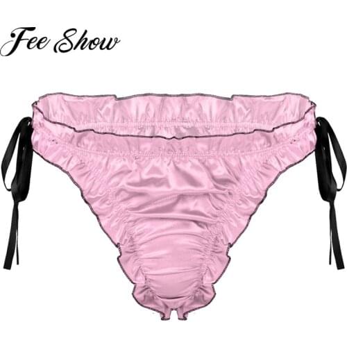 Gay Men Panties Low Rise Ruffles Satin Briefs Breathable Lace-up Pleated Trim Underpants Underwear for Wedding Honeymoon Gift