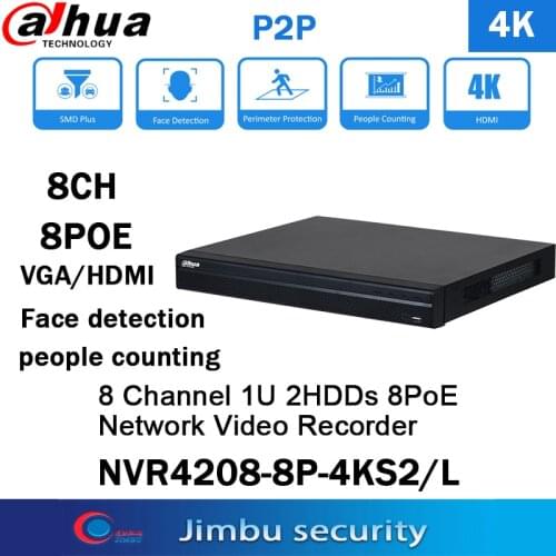 Dahua 8 Channel 8PoE Video Recorder NVR4208-8P-4KS2/L New 4.0 user interface P2P H.264& H.265 Face detection ONVIF and RTSP