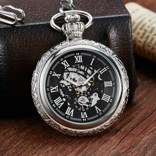 Vintage Silver Crowns Design Carved Hollow Number Dial Mechanical Pocket Watch Men Chain Unique Steampunk Mechanical Watch Clock