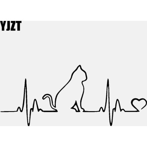 YJZT 14.9CM*5.2CM Cartoon Cat Heartbeat Lifeline Decal Vinyl Black/Silver Car Sticker C22-1029