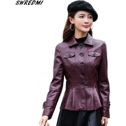 SWREDMI England Syle Womens Leather Jacket Button Slim Fashion Female Jacket Plus Size S-4XL Leather Coats Spring And Autumn