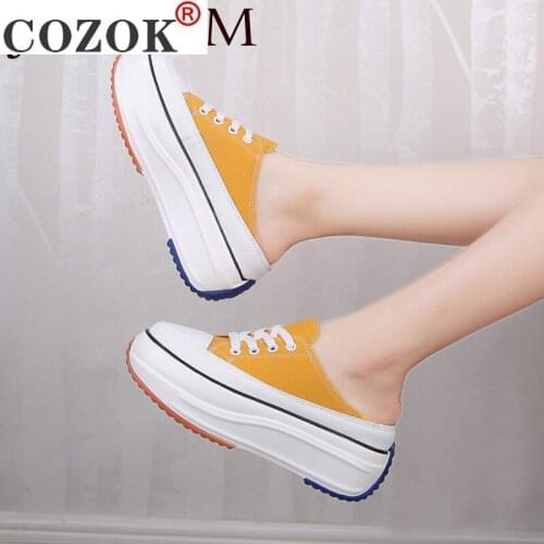 JUNSRM Summer new half slippers Baotou without heel inside increase womens sneakers outdoor canvas walking shoes woman Female