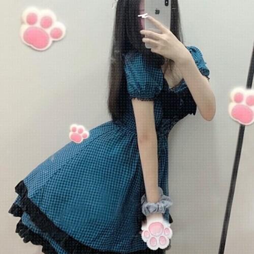 Women Lace-up Bow Puff Short Sleeve High Waist Lace Dresses Blue Plaid Girl Lolita Mini Dress Summer Korean Fashion Clothes