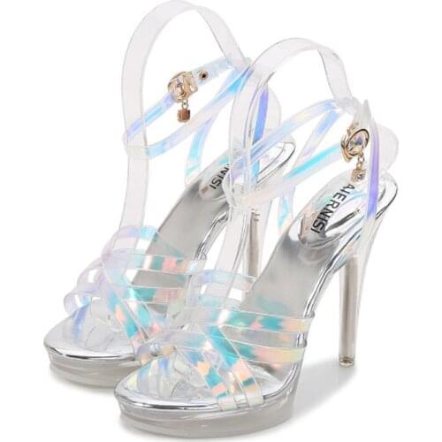 MAIERNISI New Women Pumps Fashion Color Changing Design Transparent High Heels Rhinestone Buckle Ladies High-heeled Sandals