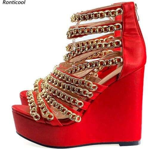 Ronticool Handmade Women Sandals Sexy Chain Comfort Wedges Heels Open Toe Fabulous 11 Colors Party Shoes Women Size 35 45 47 52