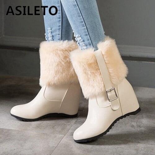 ASILETO Winter Fur Midcalf Boots Waterproof 7cm Hidden Wedge Heel Woman 2022 7cm Chunky Square Heels Small Big 33-43 S2419