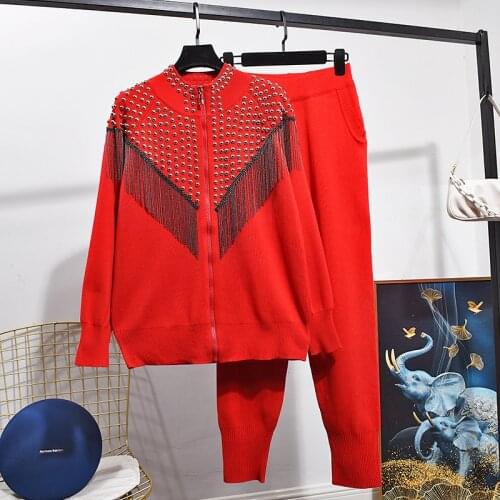 Manual Beaded Chain Tassel Casual Knitted Cardigan Tracksuit Set Women Long Sleeve Sweater Pencil Pants Outfits Female Knit Suit