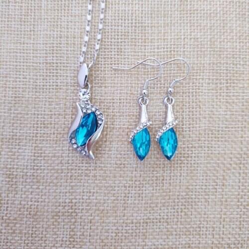 925 sterling silver necklace earrings gift, wedding womens jewelry set Fine jewelry Austria crystal sea blue pendant S0143