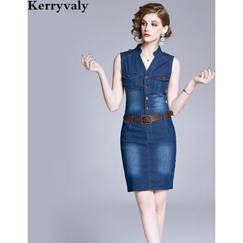Summer Fashion V-neck Sleeveless Jeans Pencil Dress Moda Mujer 2021 Dark Blue Gothic Denim Dress Lange Jurken Robe K2003