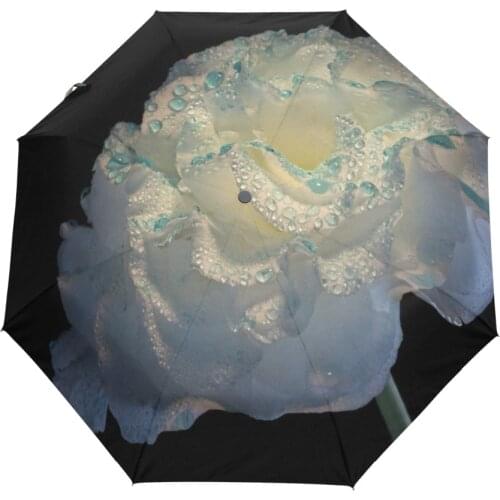 A Big White Flower Printed Anti-UV fully automatic umbrella men three folding umbrella business windproof women rain umbrella